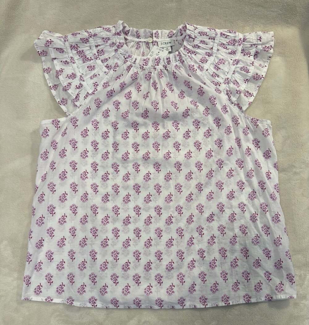 J. Crew Flutter Sleeve Top Size M White Violet Storm Floral Print